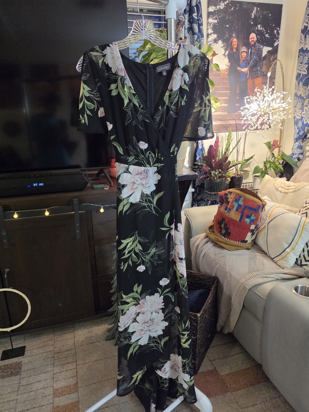 Lavender Brown Black Floral Wrap Maxi Dress with Pink & Green Blooms